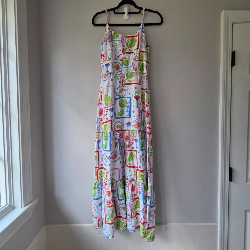 Cynthia Rowley Colorful Tiered Maxi Dress | S | Brunch Cocktail Linen Pocket NWT